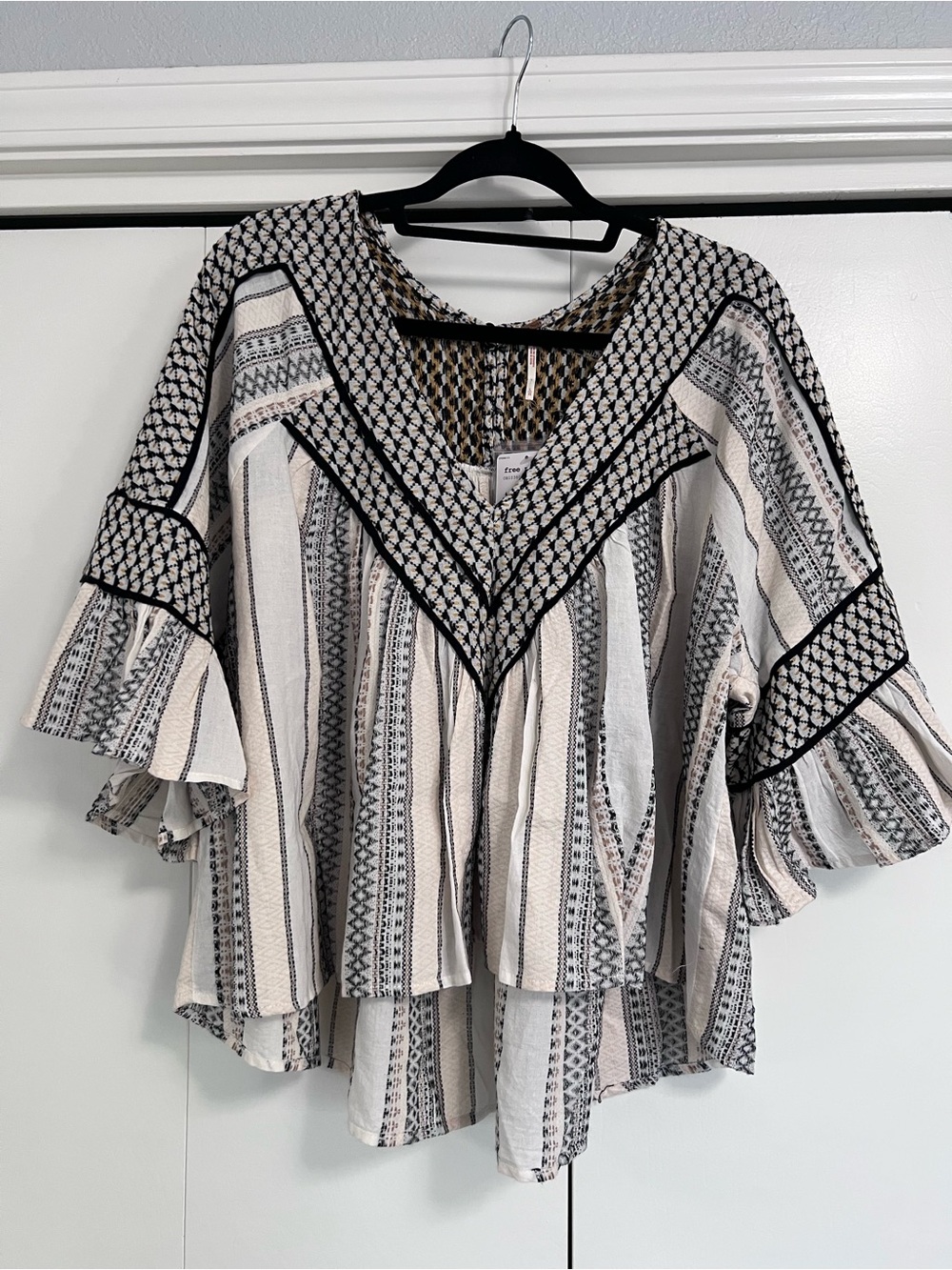 Free People Cream & Black Striped V-Neck Boho Tunic